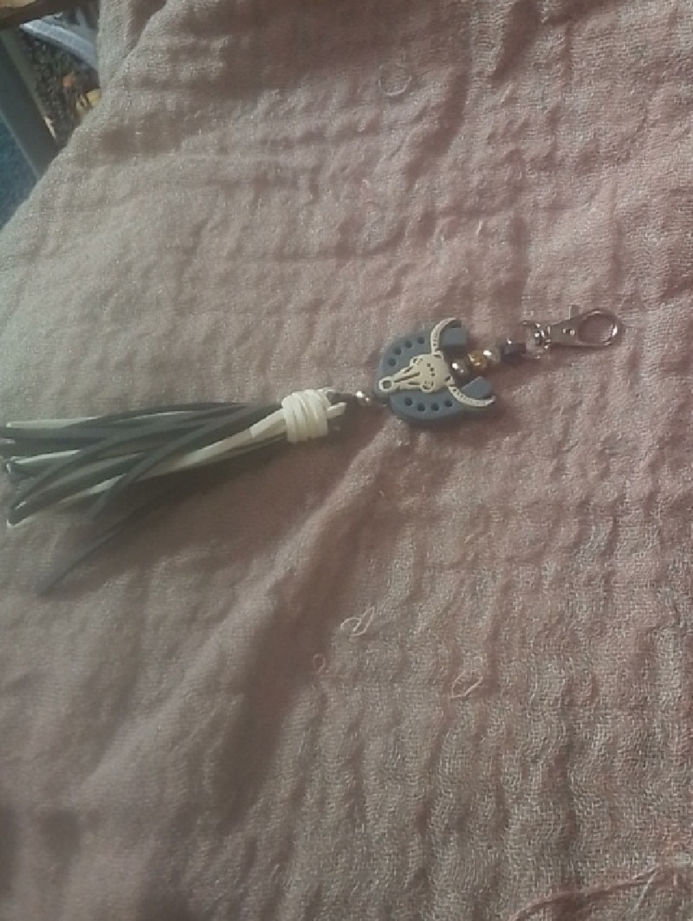 Leather Tassel Keychain with Silver Cow Skull Accent - Grey & White